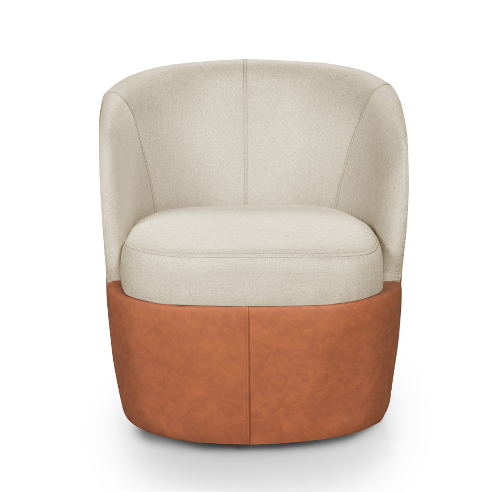 Conjunto de Poltronas Liz Giratória Tecido Composê Linho Cru e Corino Marrom