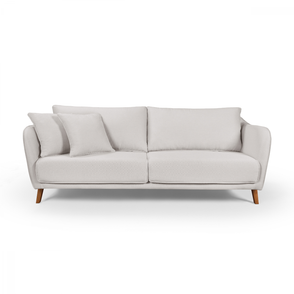 Conjunto Sofá Living Hórus e Duas Poltronas Tecido Composê Linho Cru e Marrom Terracota