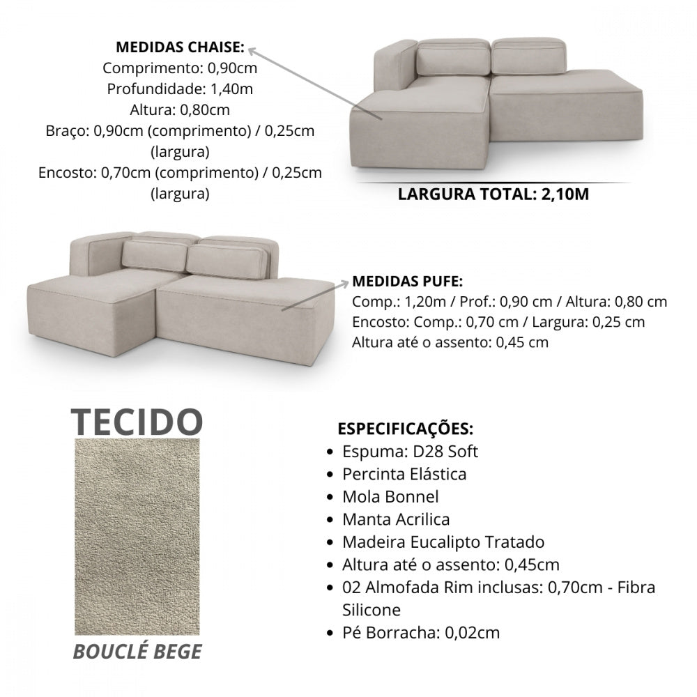 Sofá Versatile Tecido Bouclé Bege 2,10M