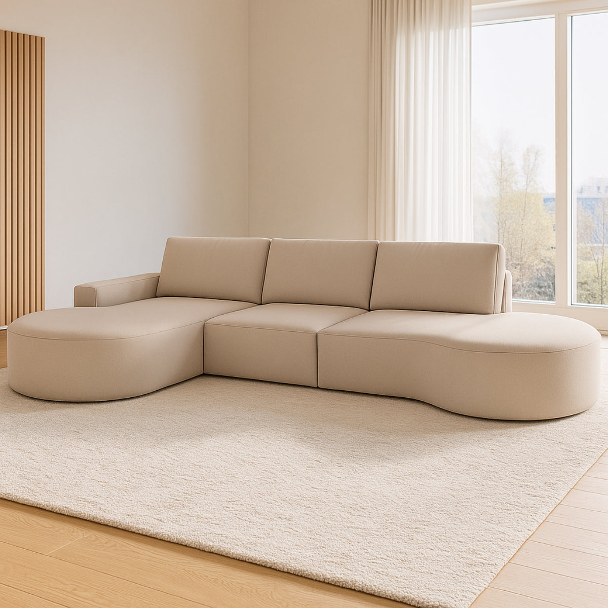 Sofá Living com Puff e Chaise 03 Lugares Luísa com Molas Ensacadas no Assento Tecido Bouclé Bege