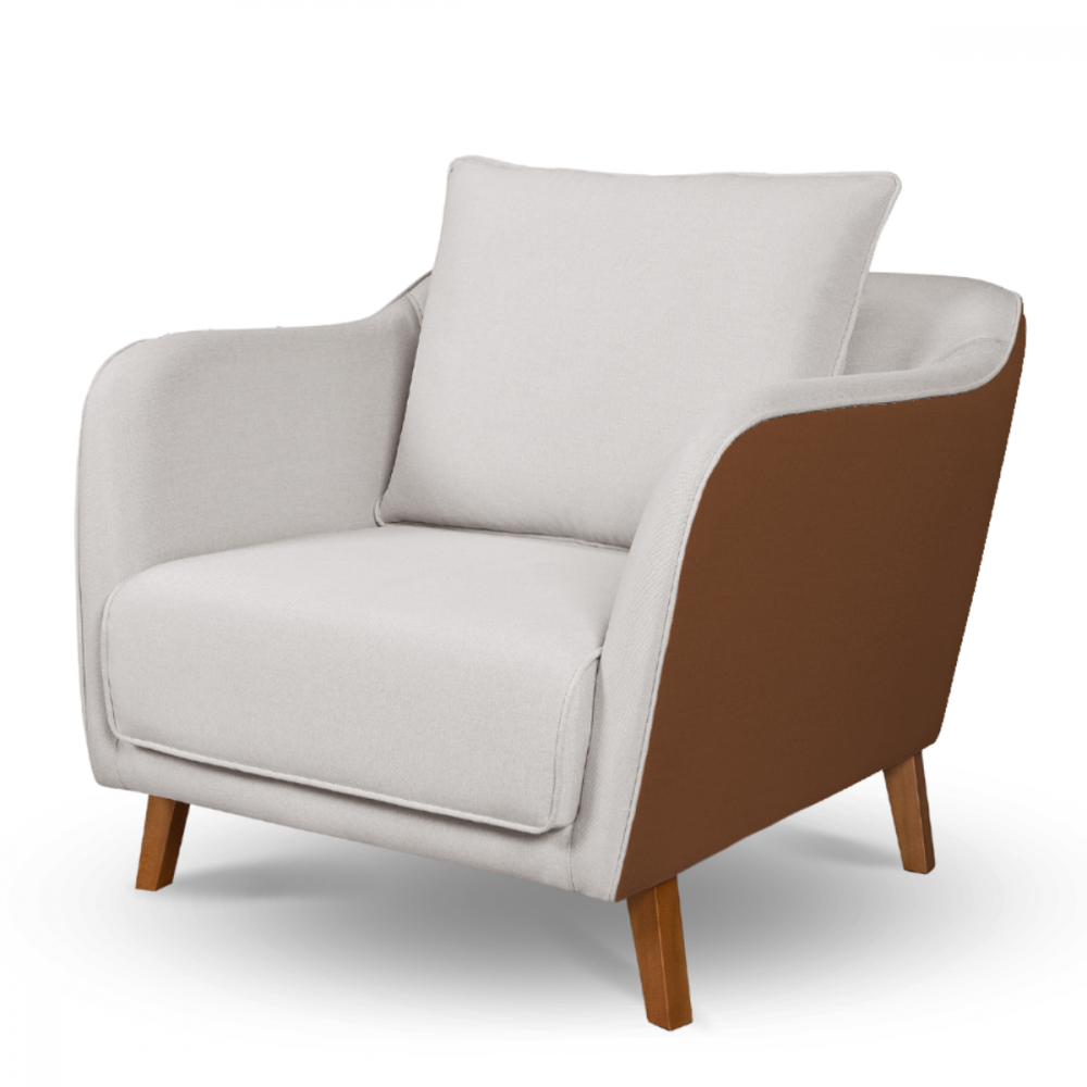 Conjunto Sofá Living Hórus e Duas Poltronas Tecido Composê Linho Cru e Marrom Terracota