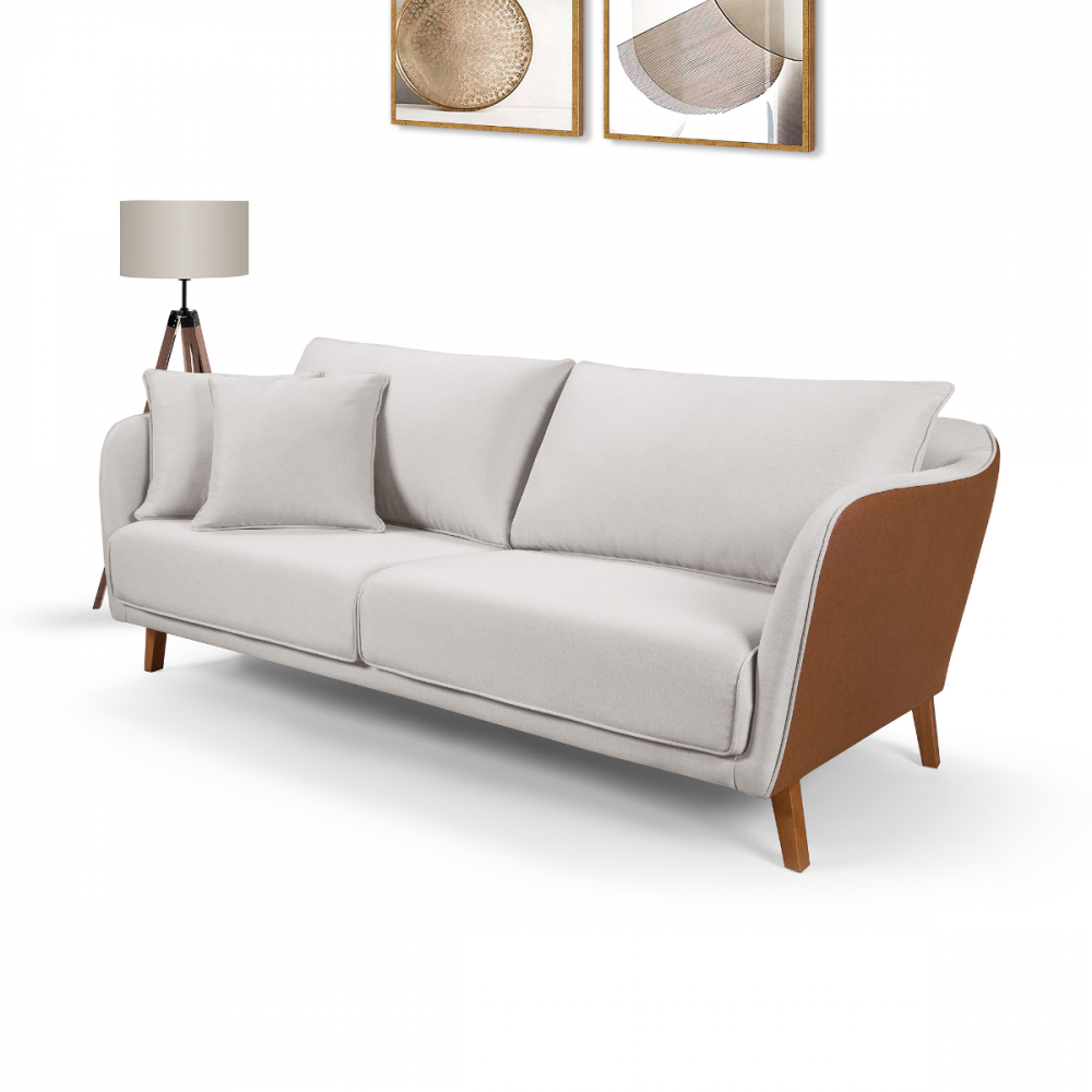 Sofá Living Hórus Tecido Composê Linho Cru e Marrom Terracota