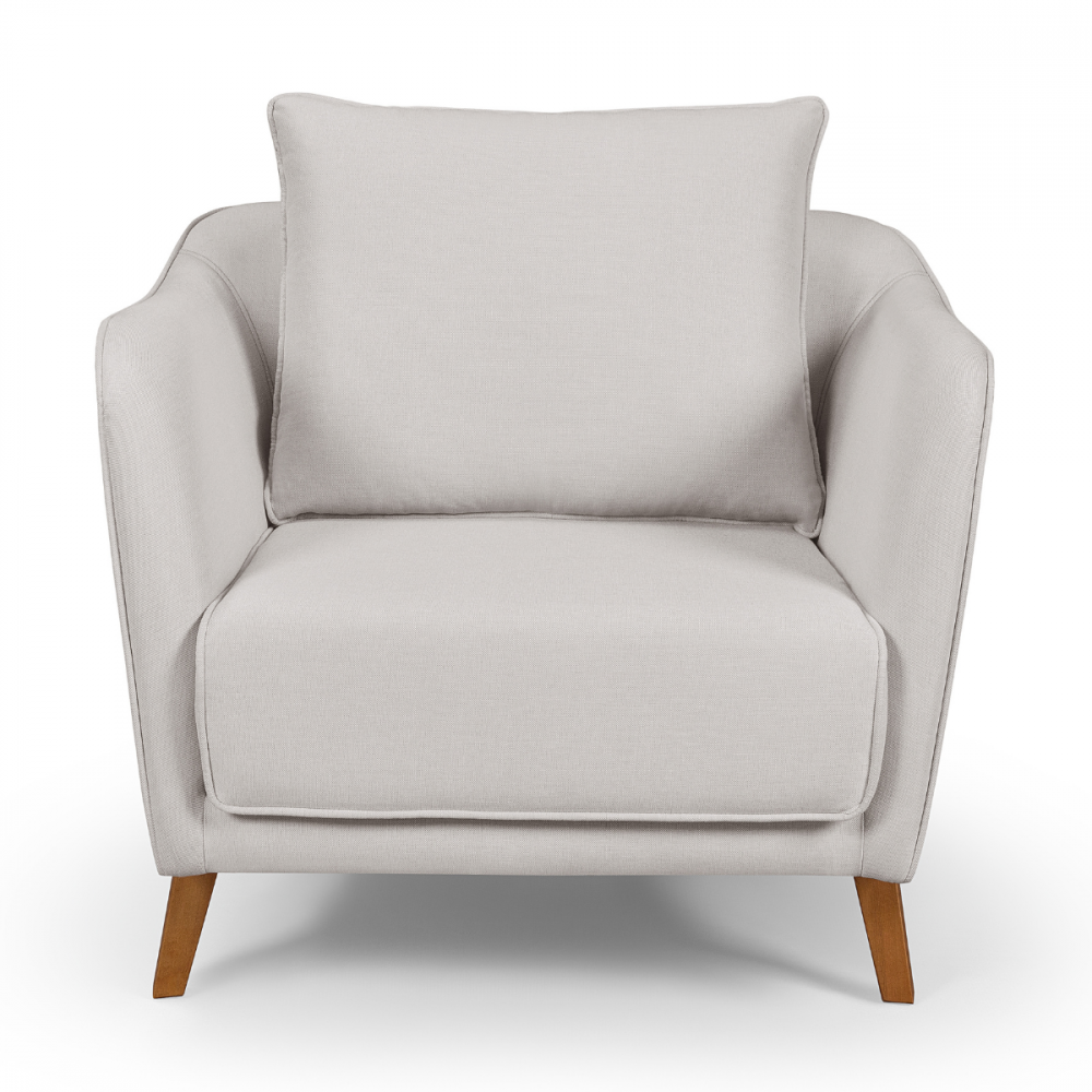 Conjunto Sofá Living Hórus e Duas Poltronas Tecido Composê Linho Cru e Marrom Terracota