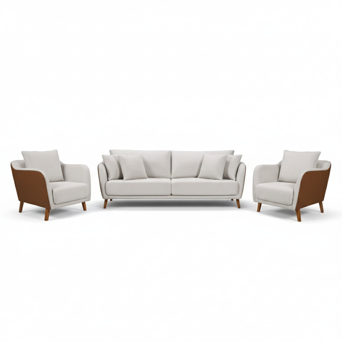 Conjunto Sofá Living Hórus e Duas Poltronas Tecido Composê Linho Cru e Marrom Terracota