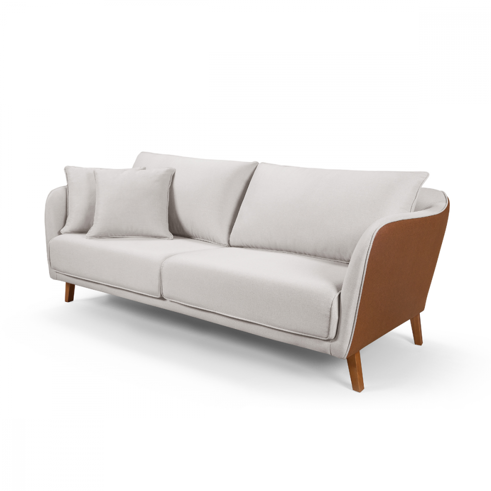 Conjunto Sofá Living Hórus e Duas Poltronas Tecido Composê Linho Cru e Marrom Terracota