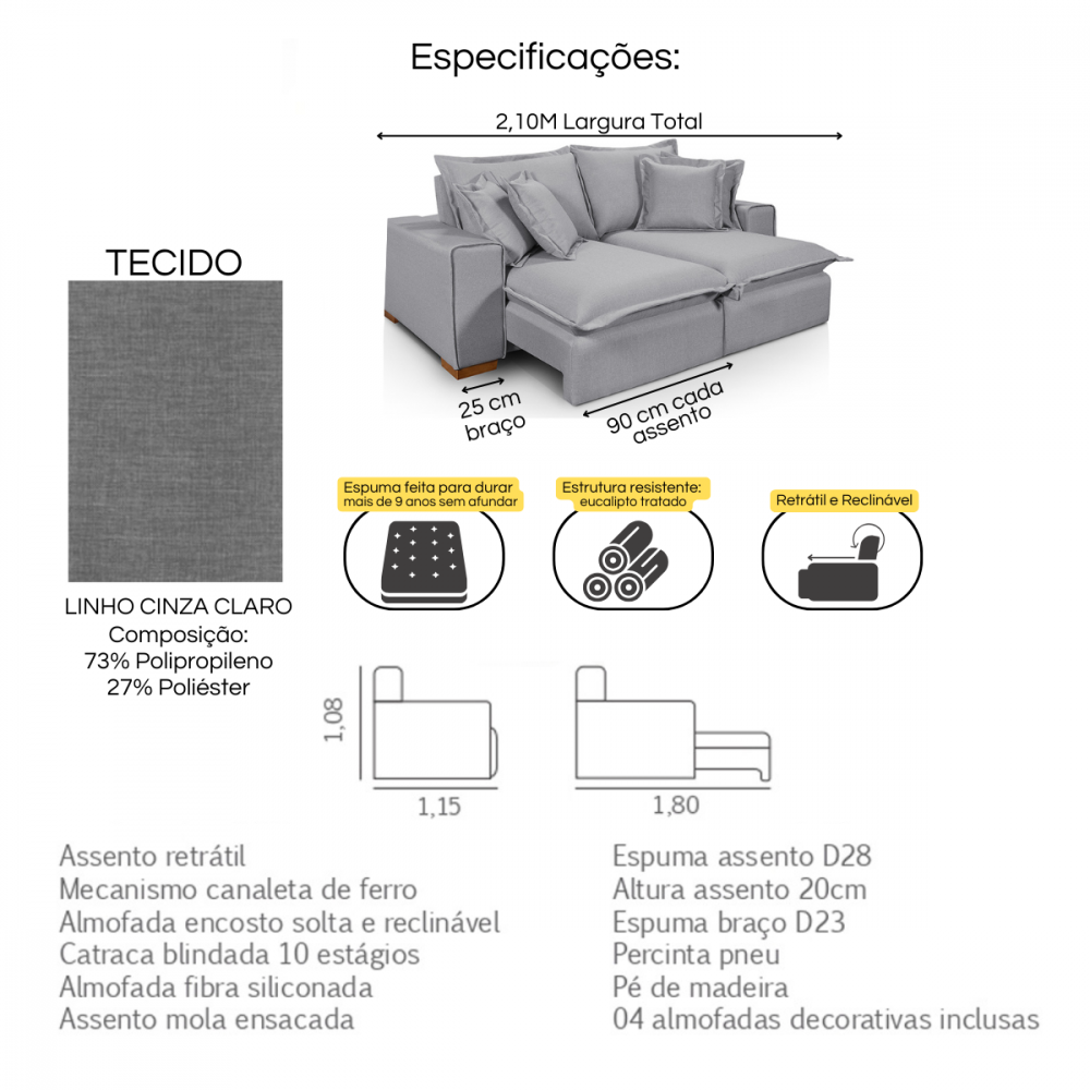Sofá Retrátil Reclinável Verona c/ molas ensacadas no assento Tecido Linho Cinza Claro 2,10M
