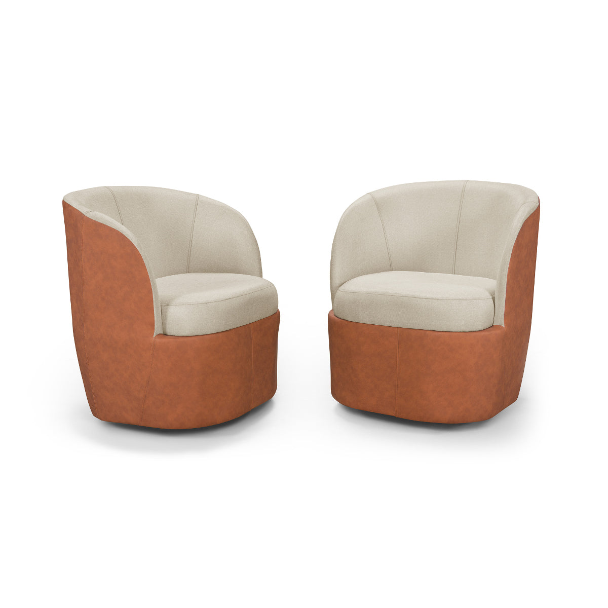 Conjunto de Poltronas Liz Giratória Tecido Composê Linho Cru e Corino Marrom