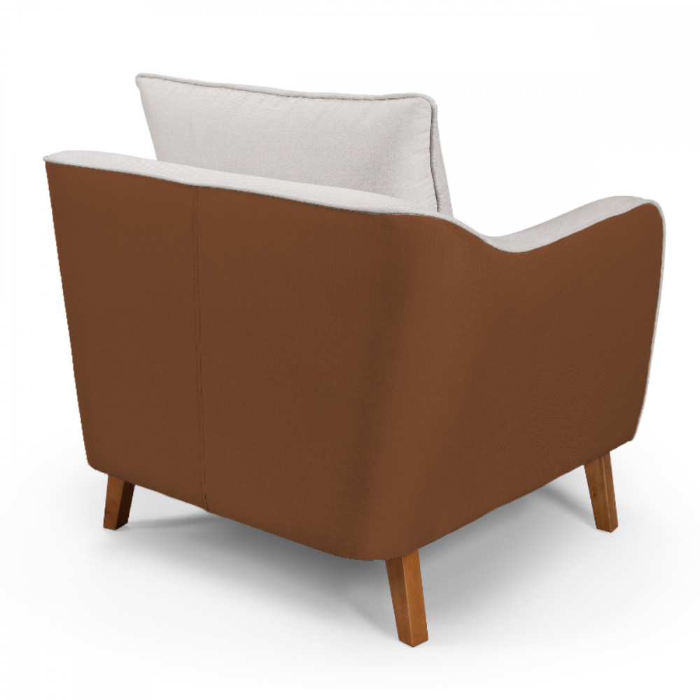 Conjunto Sofá Living Hórus e Duas Poltronas Tecido Composê Linho Cru e Marrom Terracota