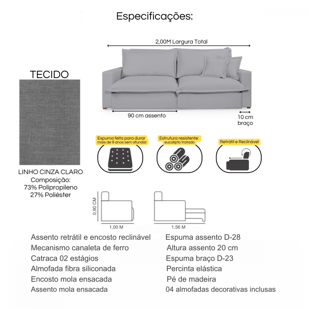 Sofá Retrátil Reclinável Davi com Molas Ensacadas no Assento Tecido Linho Cinza Claro 2,00M