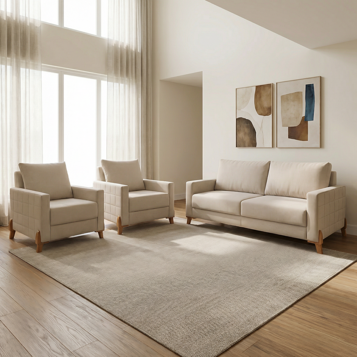 Conjunto Sofá Living Topázio e Duas Poltronas Tecido Linho Cru