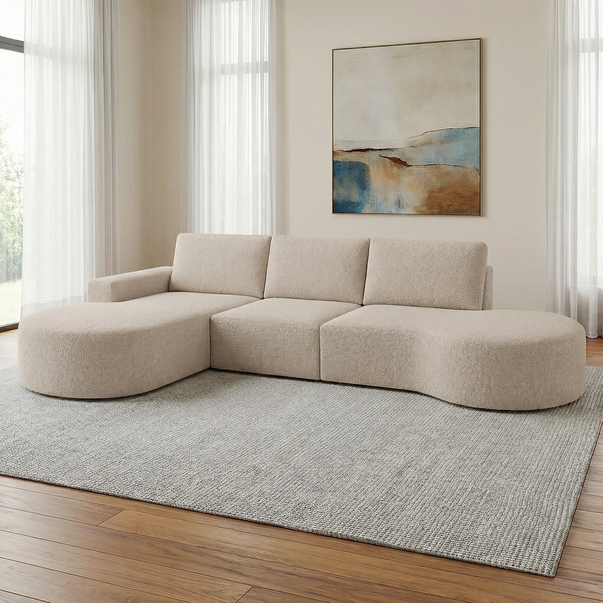 Sofá Living com Puff e Chaise Luísa com Molas Ensacadas no Assento Tecido Bouclé