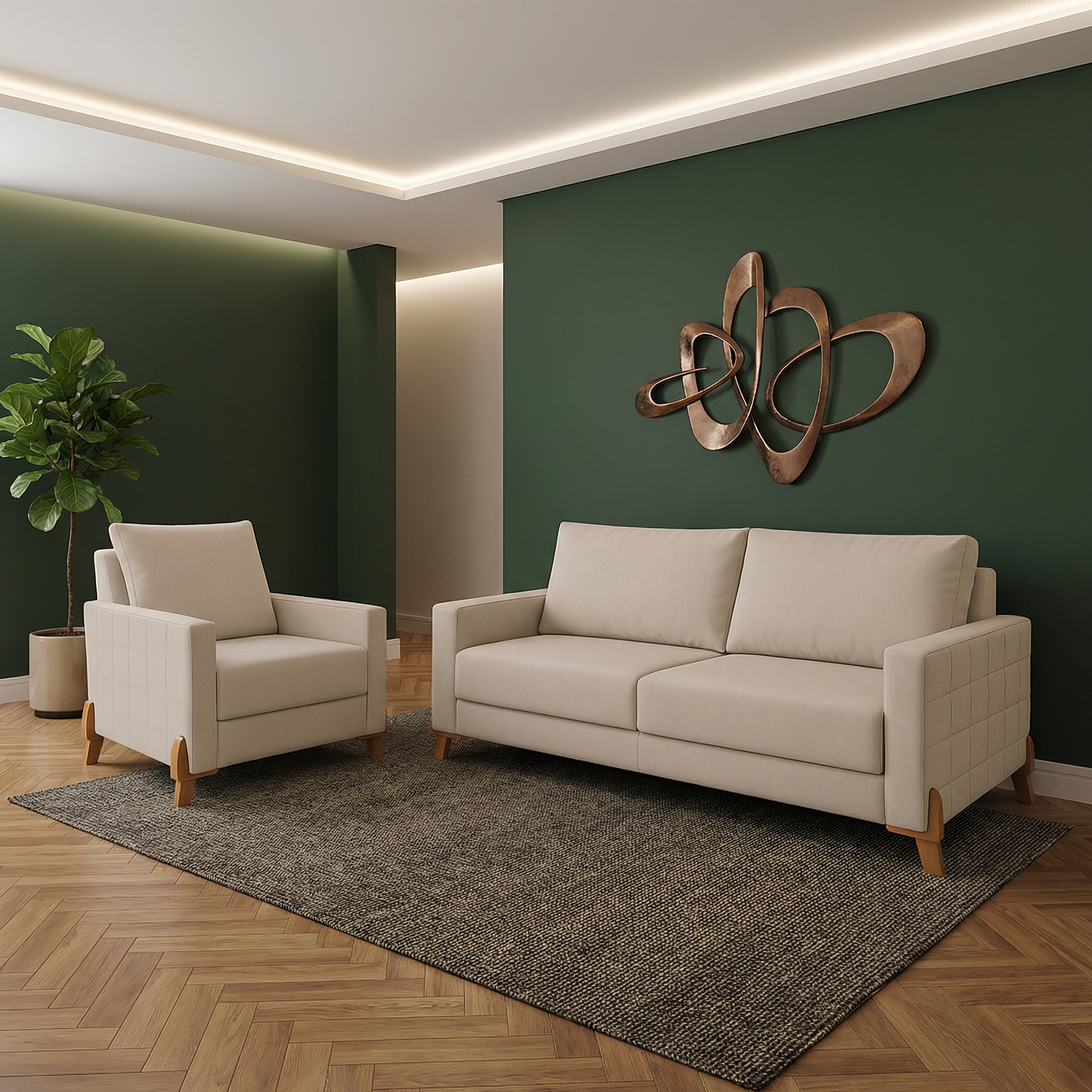 Conjunto Sofá Living Topázio e Uma Poltrona Tecido Linho