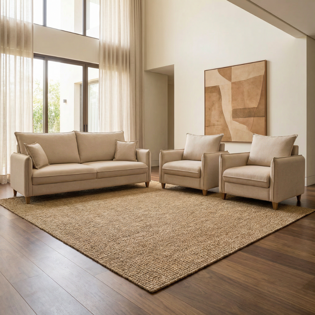 Conjunto Sofá Living Córdoba e Duas Poltronas Tecido Linho Cru