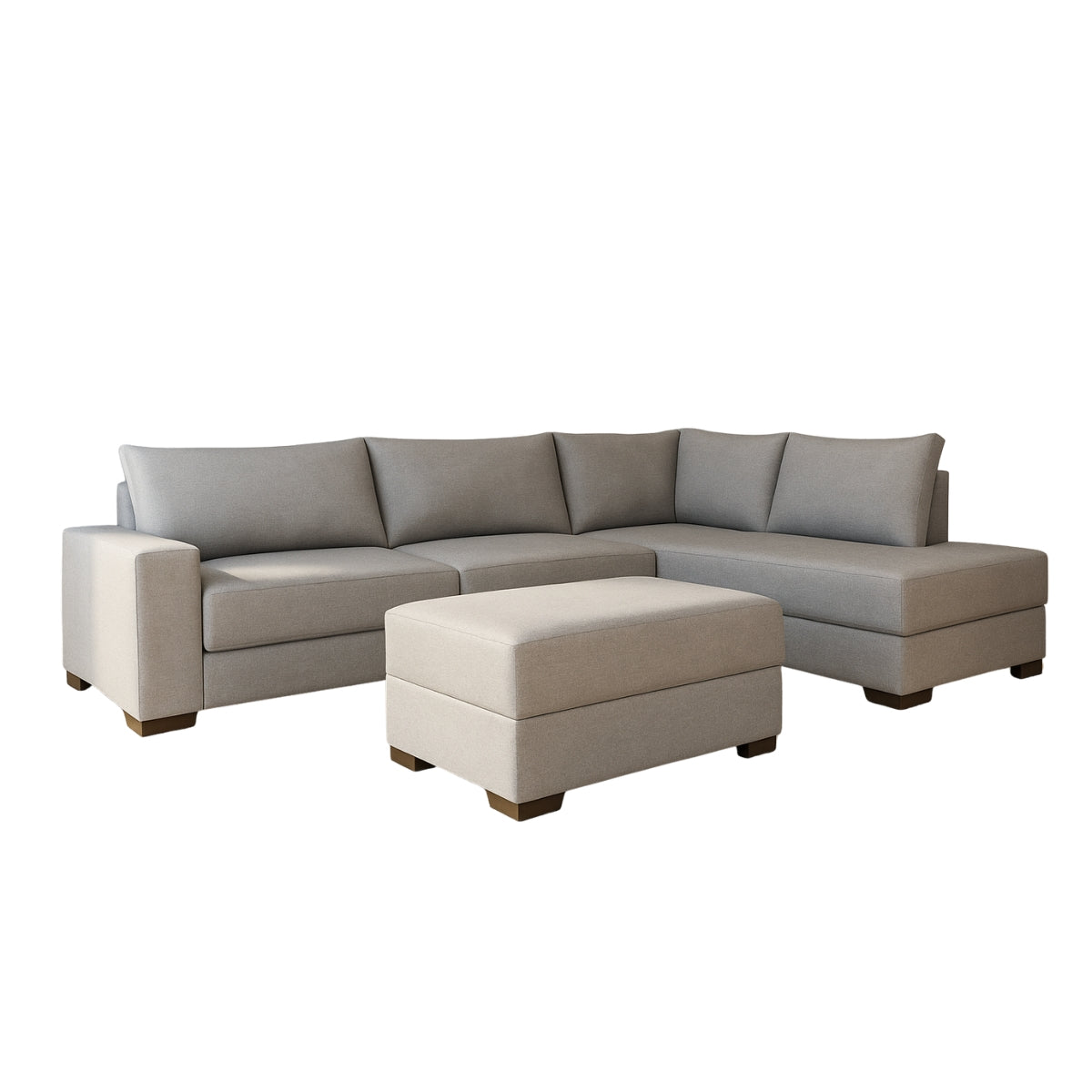 Sofá Fixo com Chaise e Puff Paris Tecido Linho Cru 2,90M