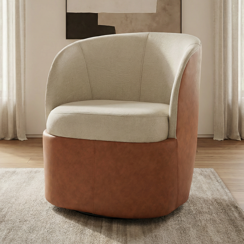 Poltrona Liz Tecido Composê Linho Cru e Corino Marrom