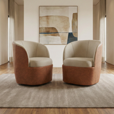 Conjunto de Poltronas Liz Giratória Tecido Composê Linho Cru e Corino Marrom