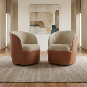 Conjunto de Poltronas Liz Giratória Tecido Composê Linho Cru e Corino Marrom