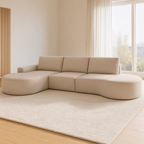 Sofá Living com Puff e Chaise 03 Lugares Luísa com Molas Ensacadas no Assento Tecido Bouclé Bege