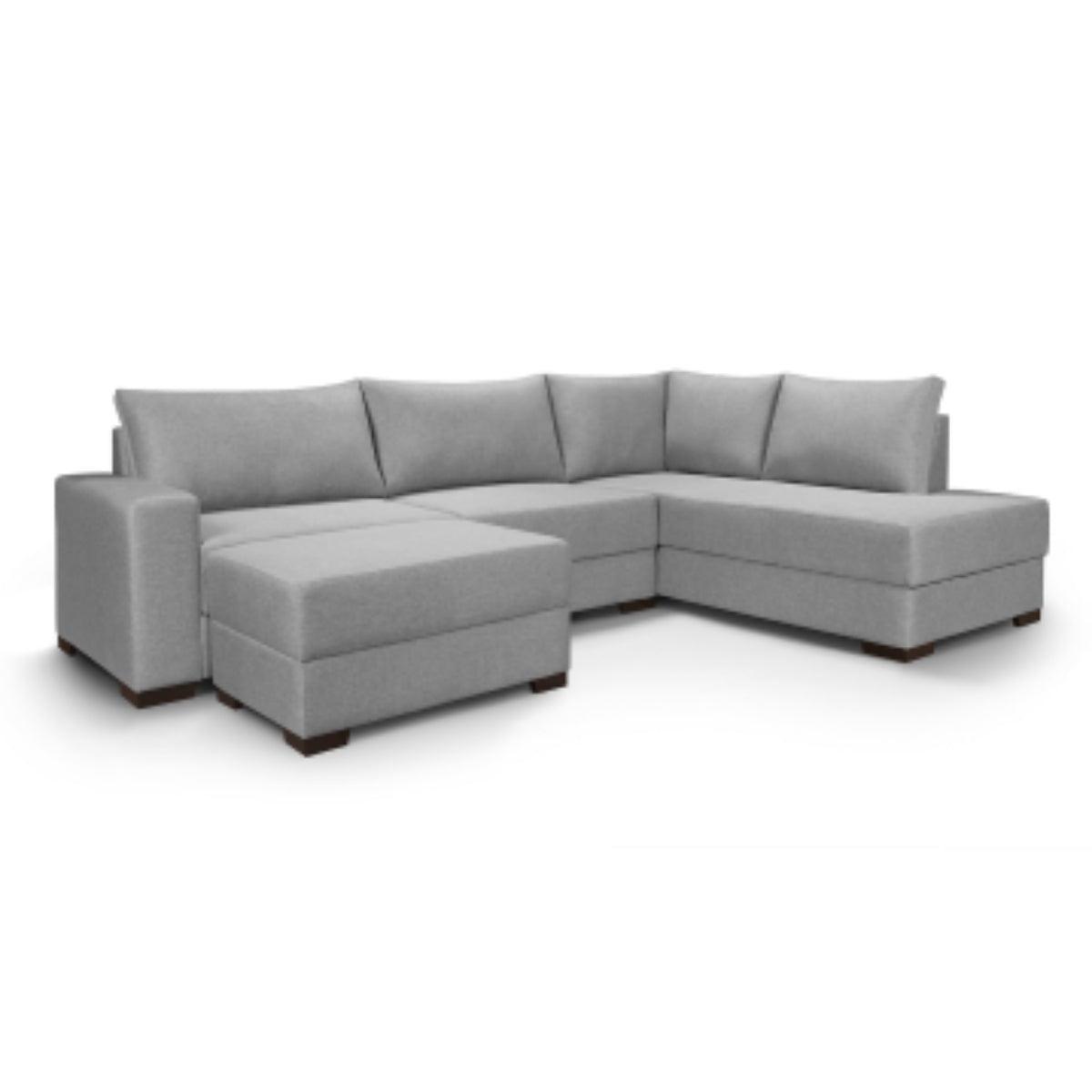 Sofá Fixo com Chaise e Puff Paris Tecido Linho Cinza