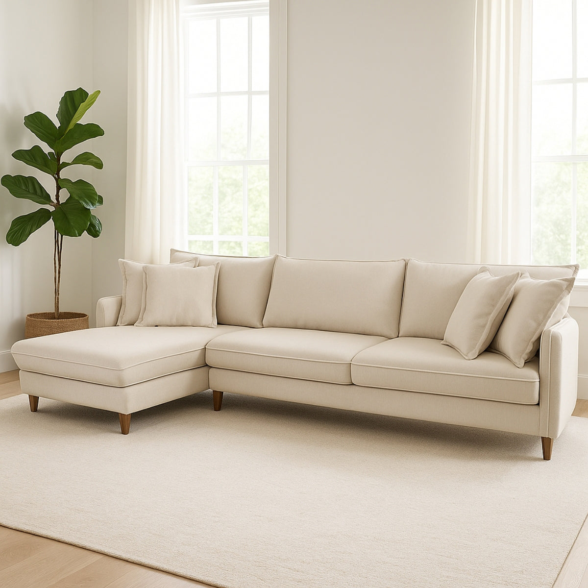 Sofá Living com Chaise Córdoba Tecido Linho Cru