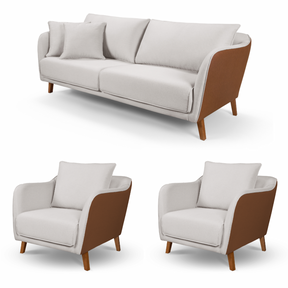 Conjunto Sofá Living Hórus e Poltronas Tecido Composê Linho Cru e Marrom Terracota 2,00M