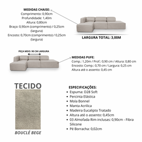 Sofá Versatile Tecido Bouclé Bege 3,00M