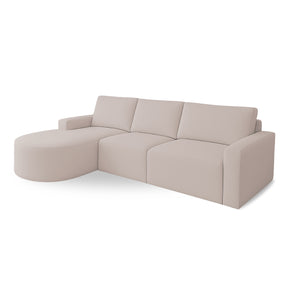 Sofá Living com Puff e Chaise Luísa com Molas Ensacadas no Assento Tecido Bouclé Bege