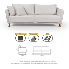 Conjunto Sofá Living Hórus e Poltronas Tecido Composê Linho Cru e Marrom Terracota 2,00M