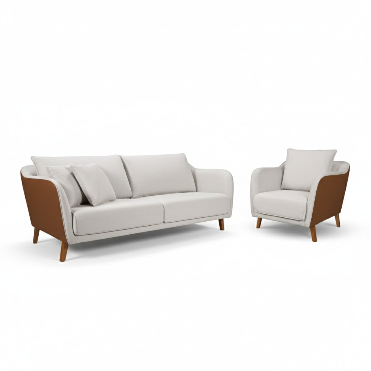 Conjunto Sofá Living Hórus e Uma Poltrona Tecido Composê Linho Cru e Marrom Terracota