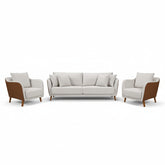 Conjunto Sofá Living Hórus e Duas Poltronas Tecido Composê Linho Cru e Marrom Terracota