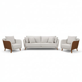 Conjunto Sofá Living Hórus e Duas Poltronas Tecido Composê Linho Cru e Marrom Terracota