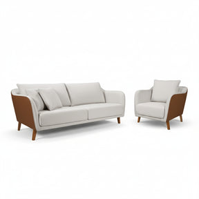 Conjunto Sofá Living Hórus e Uma Poltrona Tecido Composê Linho Cru e Marrom Terracota