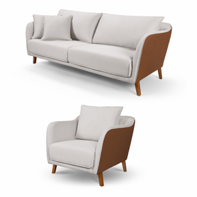 Conjunto Sofá Living Hórus e Poltrona Tecido Composê Linho Cru e Marrom Terracota 2,00M