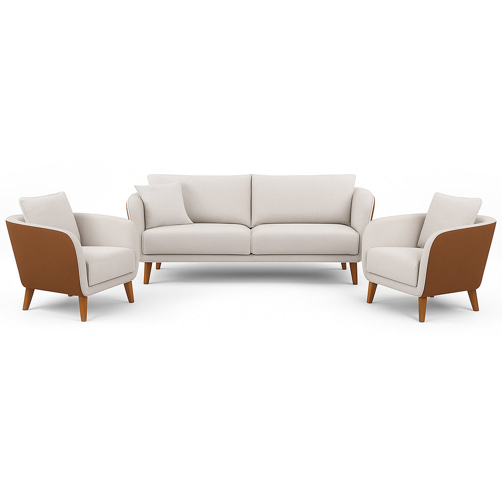 Conjunto Sofá Living Hórus 2,00M e Duas Poltronas Tecido Composê Linho Cru e Marrom Terracota