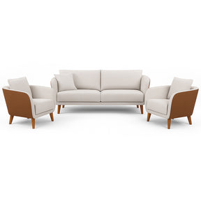 Conjunto Sofá Living Hórus 2,00M e Duas Poltronas Tecido Composê Linho Cru e Marrom Terracota