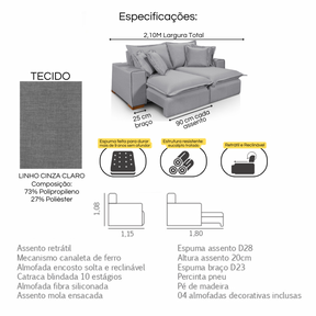Sofá Retrátil Reclinável Verona c/ molas ensacadas no assento Tecido Linho Cinza Claro 2,10M