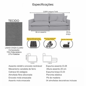 Sofá Retrátil Reclinável Davi com Molas Ensacadas no Assento Tecido Linho Cinza Claro 2,00M
