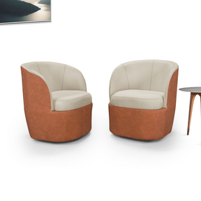 Conjunto de Poltronas Liz Giratória Tecido Composê Linho Cru e Corino Marrom