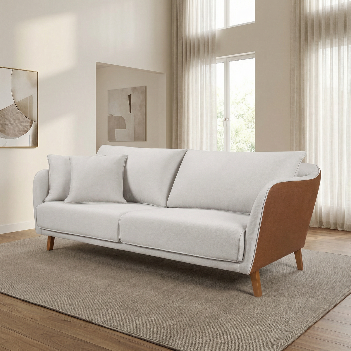 Sofá Living Hórus Tecido Composê Linho Cru e Marrom Terracota