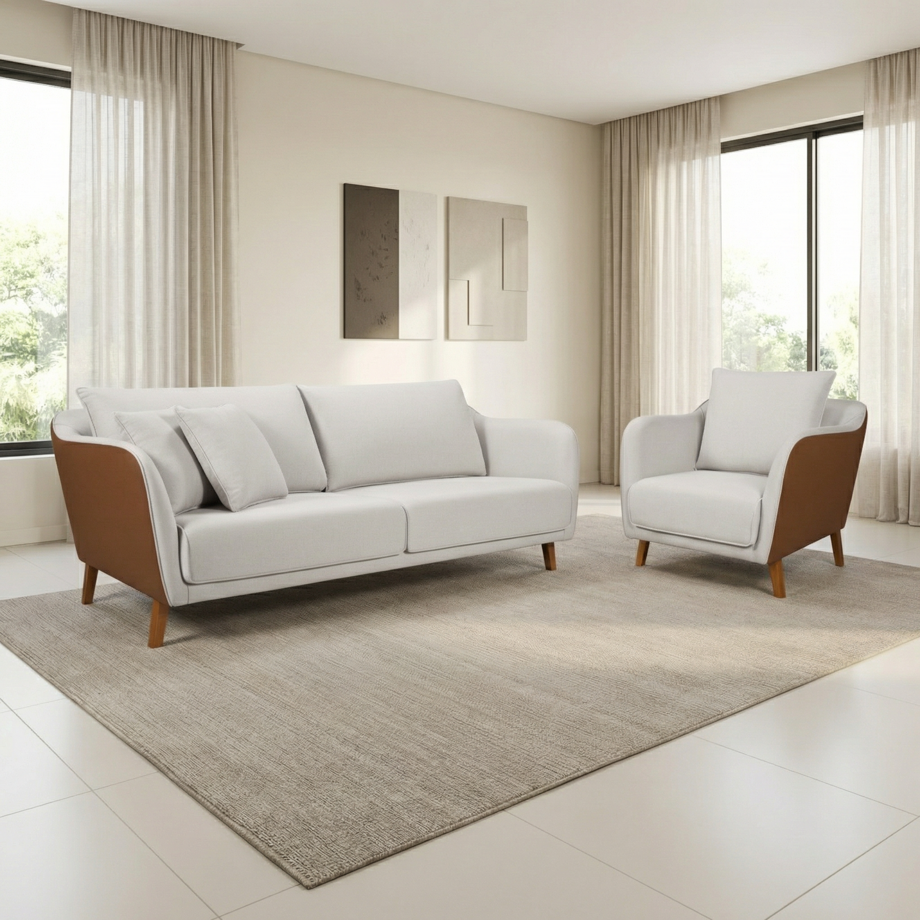 Conjunto Sofá Living Hórus e Uma Poltrona Tecido Composê Linho Cru e Marrom Terracota