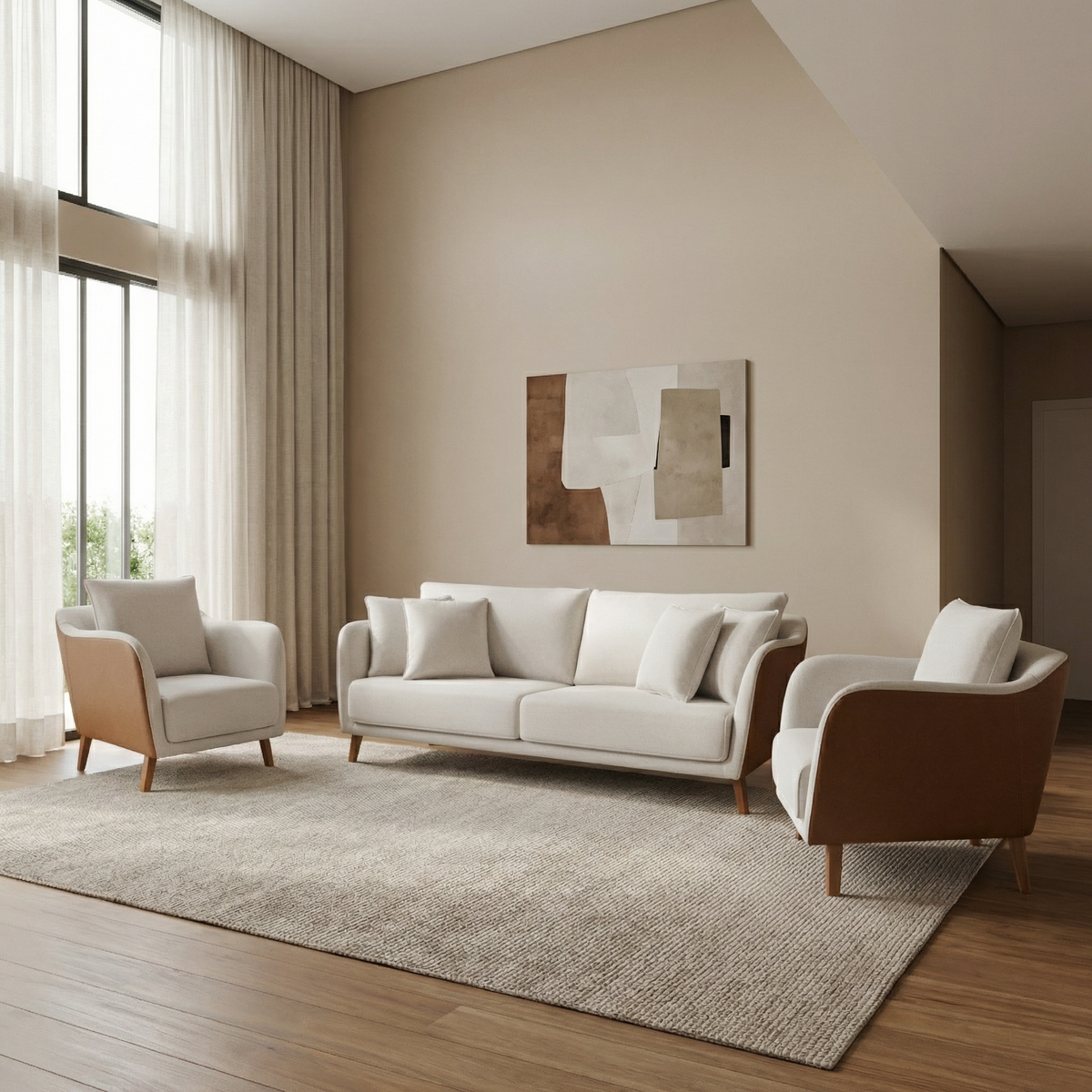 Conjunto Sofá Living Hórus e Duas Poltronas Tecido Composê Linho Cru e Marrom Terracota