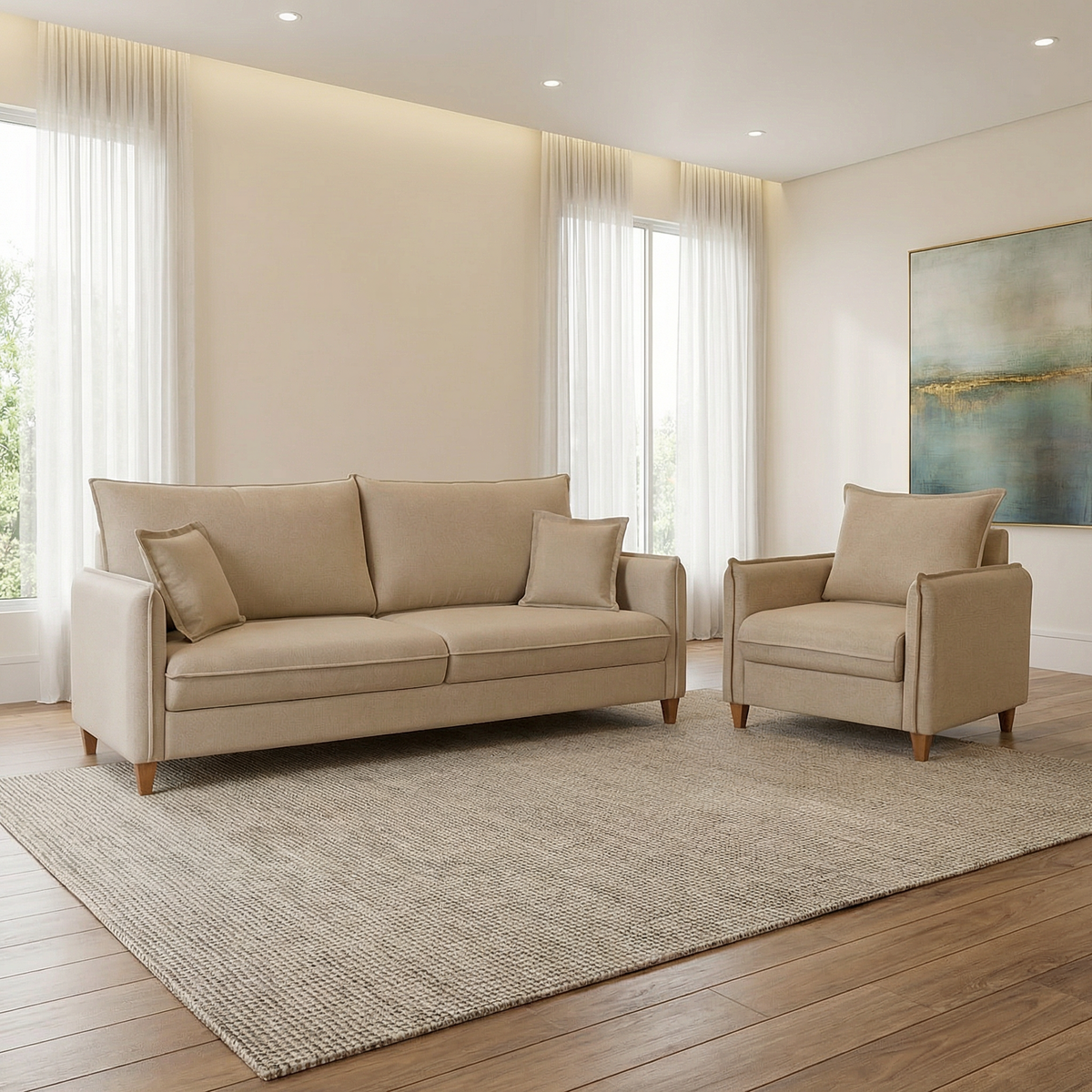 Conjunto Sofá Living Córdoba e Uma Poltrona Tecido Linho