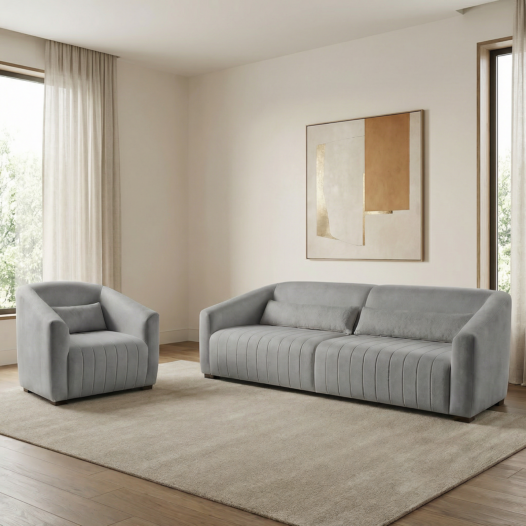 Conjunto Sofá Living Ísis e Uma Poltrona Tecido Linho Cinza