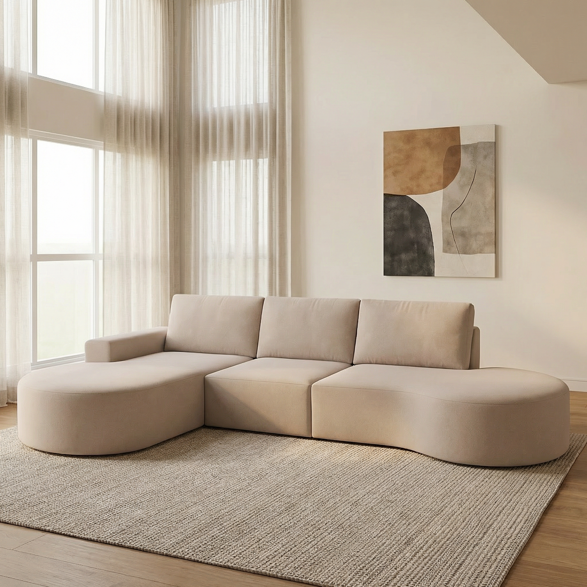 Sofá Living com Puff e Chaise Luísa com Molas Ensacadas no Assento Tecido Bouclé Bege