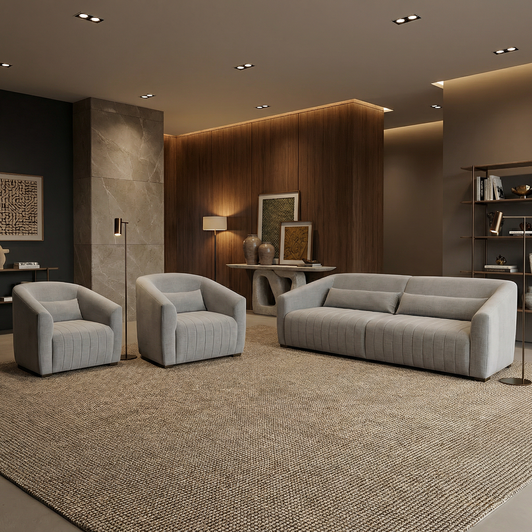 Conjunto Sofá Living Ísis e Duas Poltronas Tecido Linho Cinza Claro