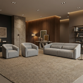 Conjunto Sofá Living Ísis e Duas Poltronas Tecido Linho Cinza Claro