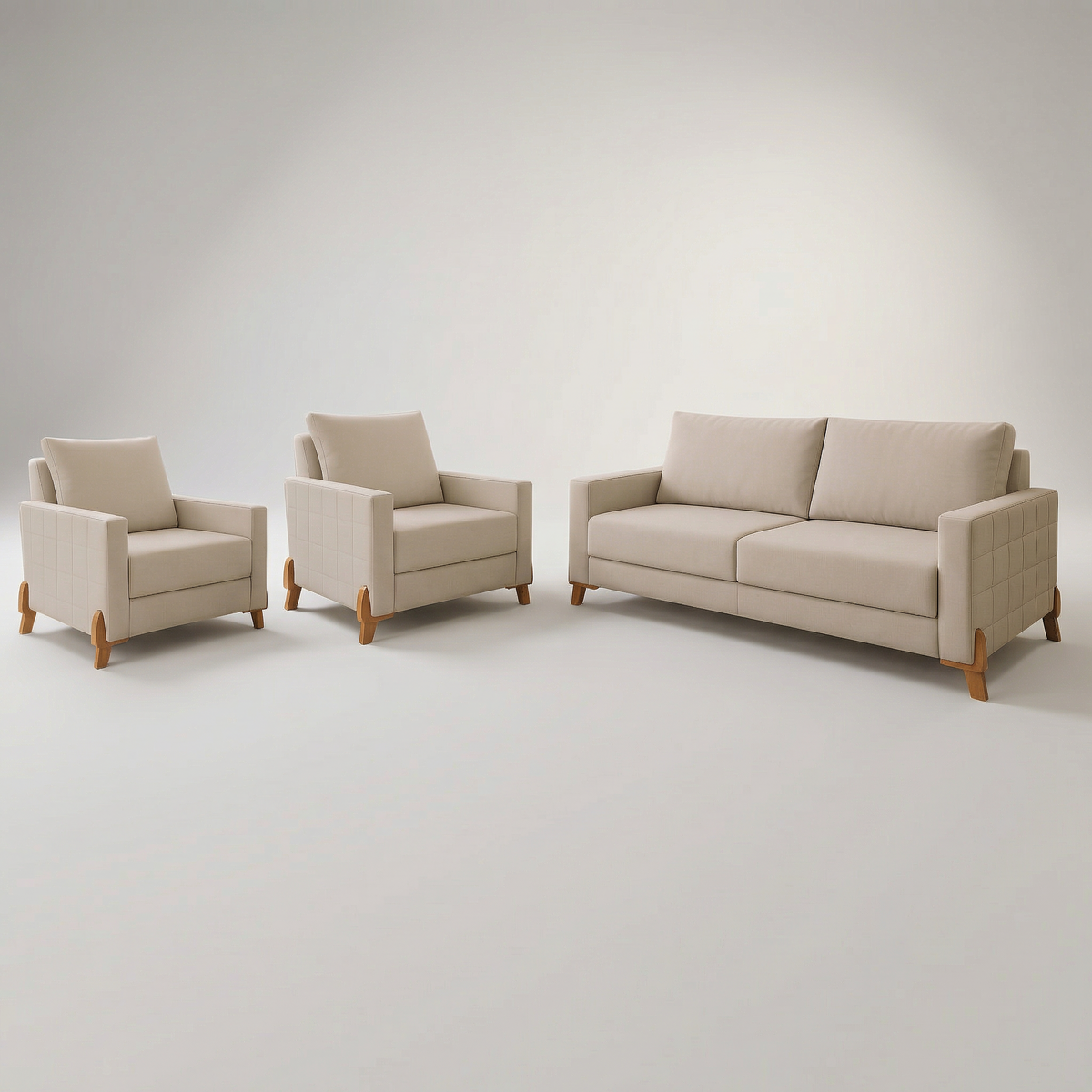 Conjunto Sofá Living Topázio e Duas Poltronas Tecido Linho Cru