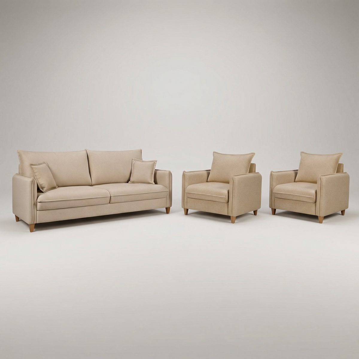 Conjunto Sofá Living Córdoba e Duas Poltronas Tecido Linho Cru