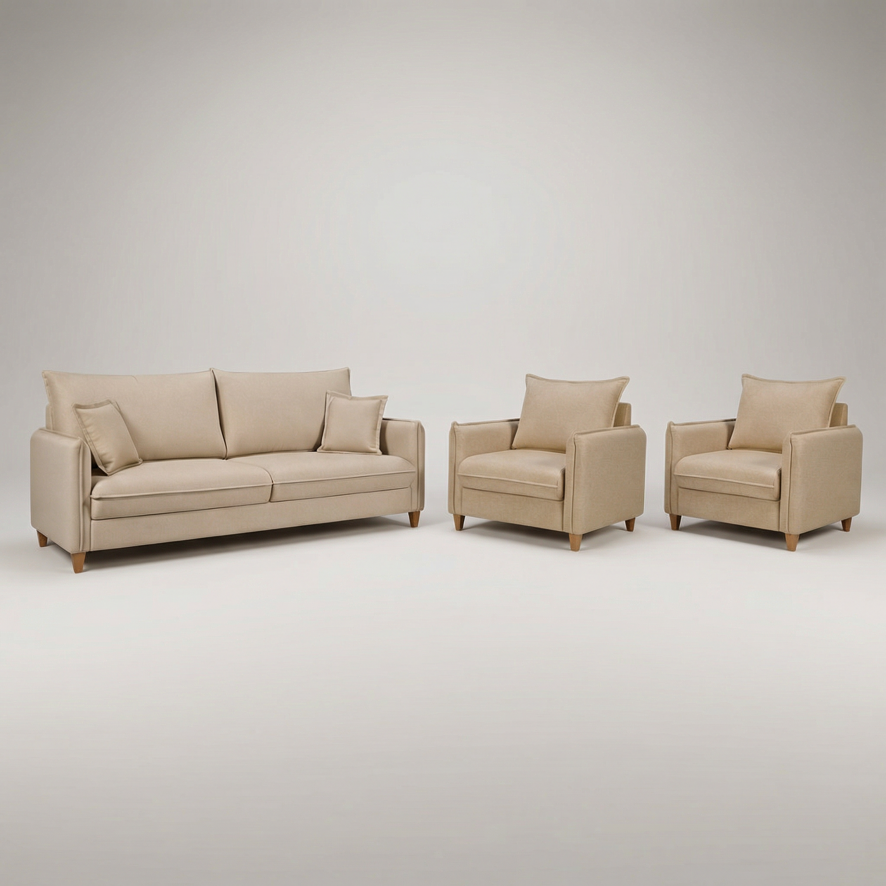 Conjunto Sofá Living Córdoba e Duas Poltronas Tecido Linho Cru